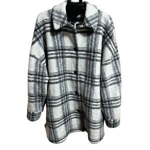 Topshop Black Longline Coat Size 16 White Black‎ Plaid Button Pockets Borg Women